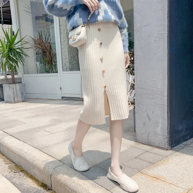 Genayooa Vintage Knitted Skirts Women Split Elegant Midi Skirt Women High Waist Elastic Skirt Pencil Streetwear Fashion