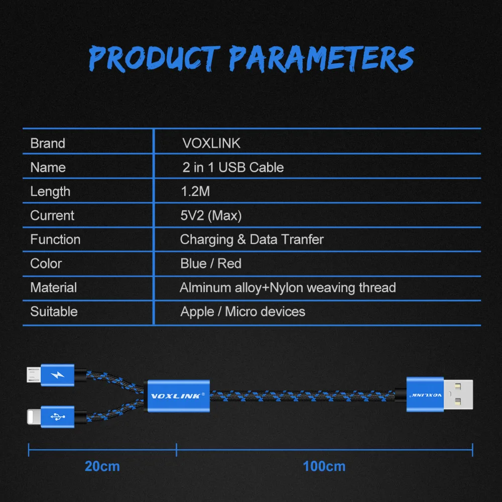 Кабель USB 2 в 1 VOXLINK 8 контактный кабель Micro для зарядки и передачи данных iPhone x 8plus 6 6s