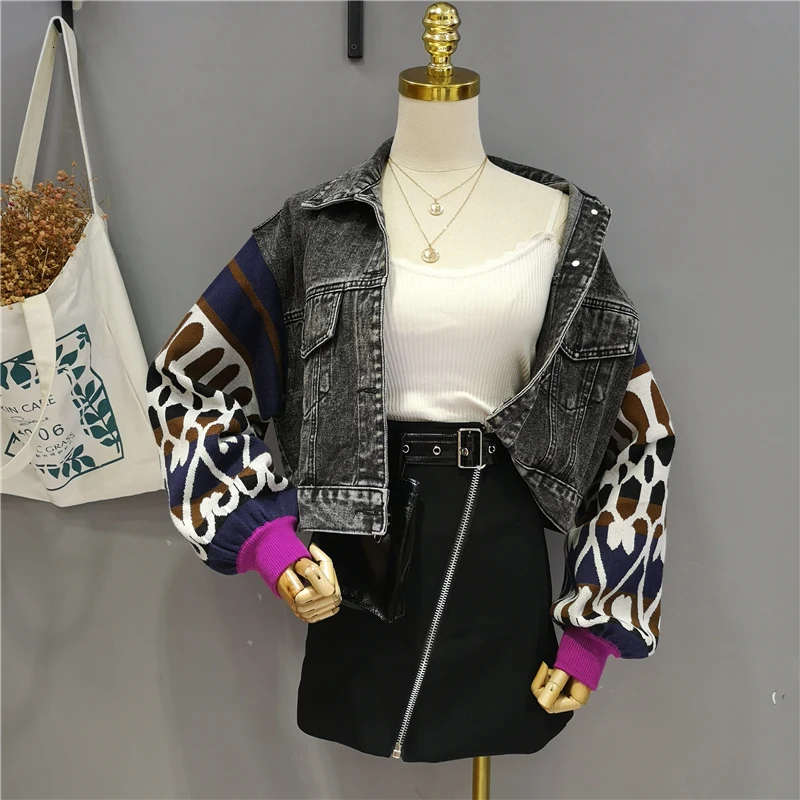 

[EWQ] 2020 Spring Autumn Lalpel New Pattern Long Puff Sleeve Leopard Knitting Patchwork Denim Vintage Jacket Women AK10717