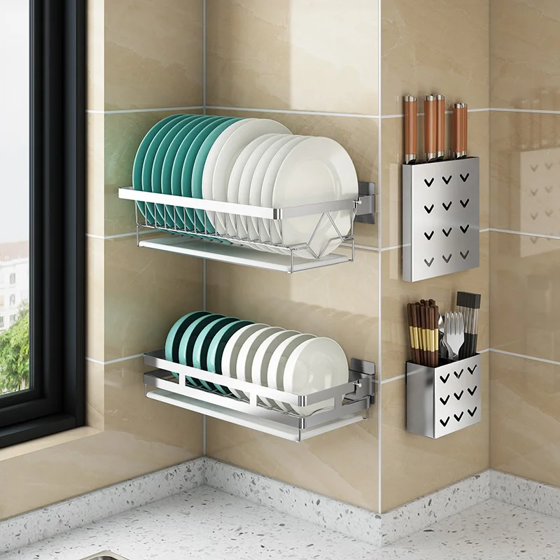 

Wall Mounted Stainless Steel Storage Rack,Dish Drying Shelf,Plates,Bowls Organizer,Spice Bottles Container,Knives Holder