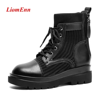 

2020 New Platform Boots Gothic Leather Zipper Heels Punk Sock Chunky Boots Women Shoes Ladies Casual Shoes Woman botas de mujer