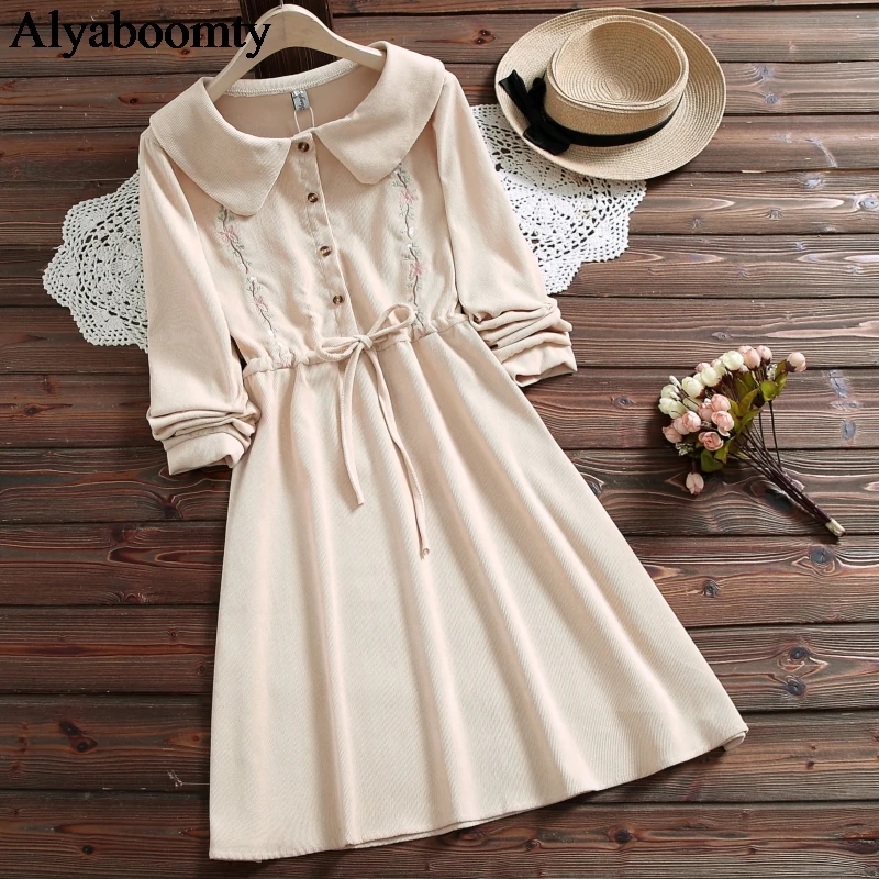 Японское женское милое платье Mori Girl, 8 цветов, винтажная Цветочная вышивка, Vestidos Femininos Kawaii, рождественский подарок, вельветовое платье