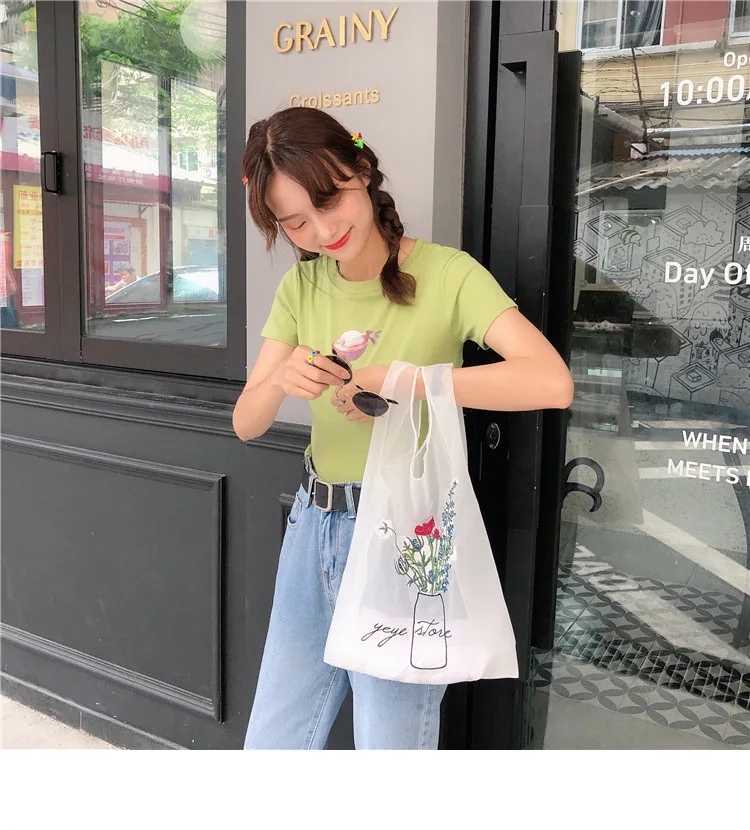 PGOLEGGY Original New Solid Color Totes Light Mesh Handbag Rose Embroidery Portable Shopping Bag Portable Elegant Girl Totes