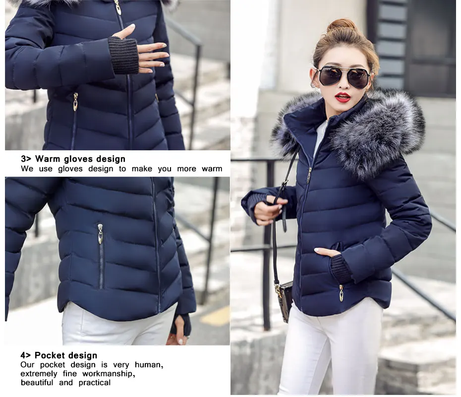 New Winter short Women Winter Jacket Womens Parkas Gloves warm detachable fur collar detachable hat Slim coat Snow loading