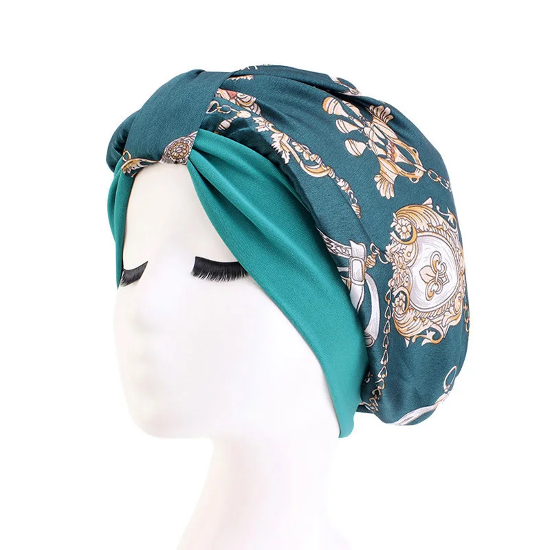 Fashion Stretch Turban Cap Simulation Silk Muslim Hat Sleeping Hat Chemotherapy Cap Retro Print Bandanas Headwear Elegant Hijab - Цвет: green
