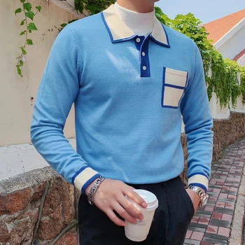 

Autumn Men Contrast Color Lapel Long Sleeve Casual Polo Shirt Blue British Knitted Base Sweater Ropa De Hombre Camisas Black