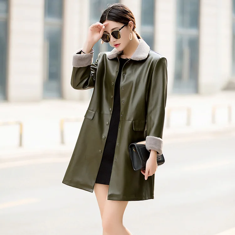 Женская Корейская короткая красная куртка большого размера из искусственной кожи, пальто, осенняя зимняя верхняя одежда, короткая ветровка, одежда 6XL - Color: Green
