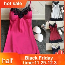 Шелковая сорочка атласная пижама Женская Дамская ночная рубашка женское белье, сексуальная ночная сорочка с накладками на груди черный кружевной топ