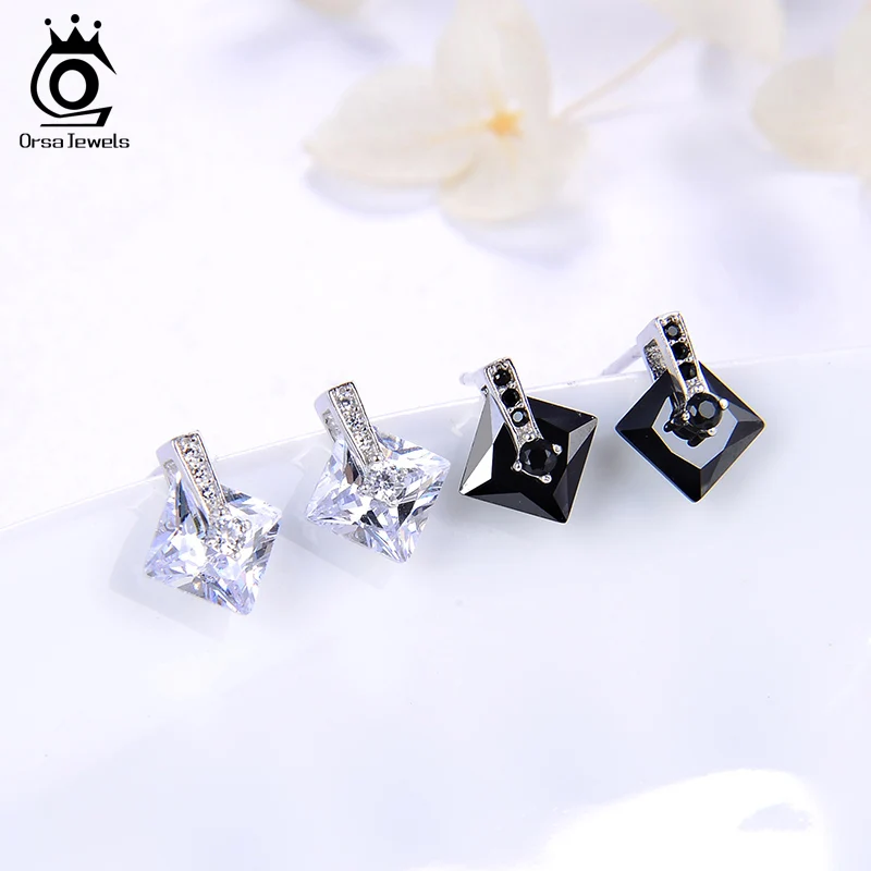 ORSA JEWELS Настоящее 925 пробы серебро слайд серьги-гвоздики в форме Для женщин блестящие AAAA фианит квадратной огранкой, черно-белая женская Праздничная обувь ювелирные изделия SE192
