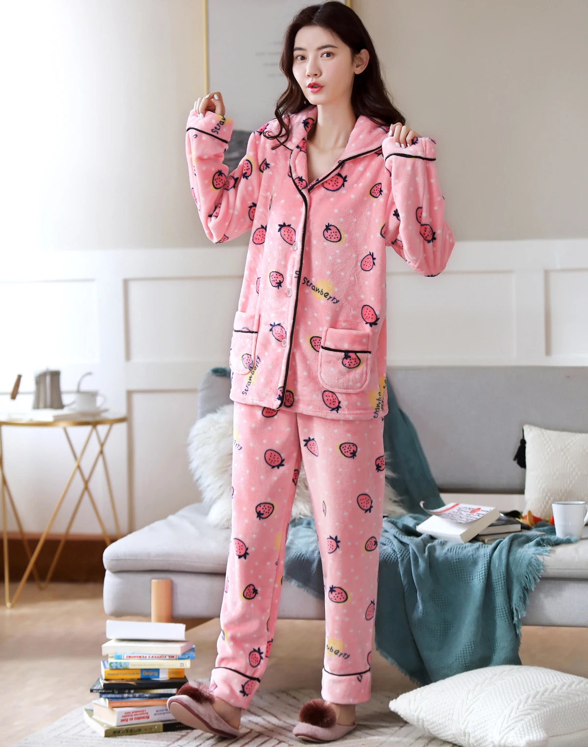 Women Thicken Warm Soft Pajamas Sets Pink Red Fashion Pajamas Long Sleeve Flannel Pyjamas Sets plus size pajamas