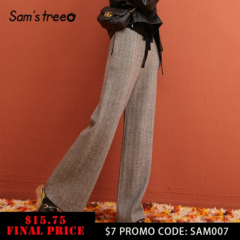1494.62руб. 45% СКИДКА|SAM'S TREE, шеврон, Ретро стиль, корейский стиль, вязанные, для женщин, широкие, брюки, зима 2019, на шнурке, эластичная талия, повседневные, женские брюки on AliExpress 