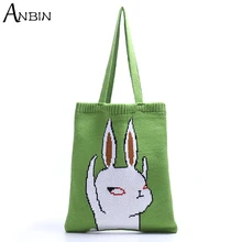 Female Knitting Cute Rabbit Cartoon Pattern Tote Bag Women Retro Shabby Chic Rural Style Stylish Crochet Wool Shopping Handbag