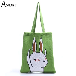 Female Knitting Cute Rabbit Cartoon Pattern Tote Bag Women Retro Shabby Chic Rural Style Stylish Crochet Wool Shopping Handbag