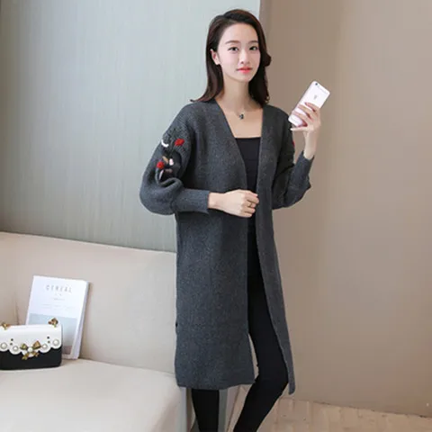 Autumn Women Sweaters Casual Loose Knitted Jumpers Elegant Ladies Korean Embroidery Lantern Sleeve Long Cardigan Coat