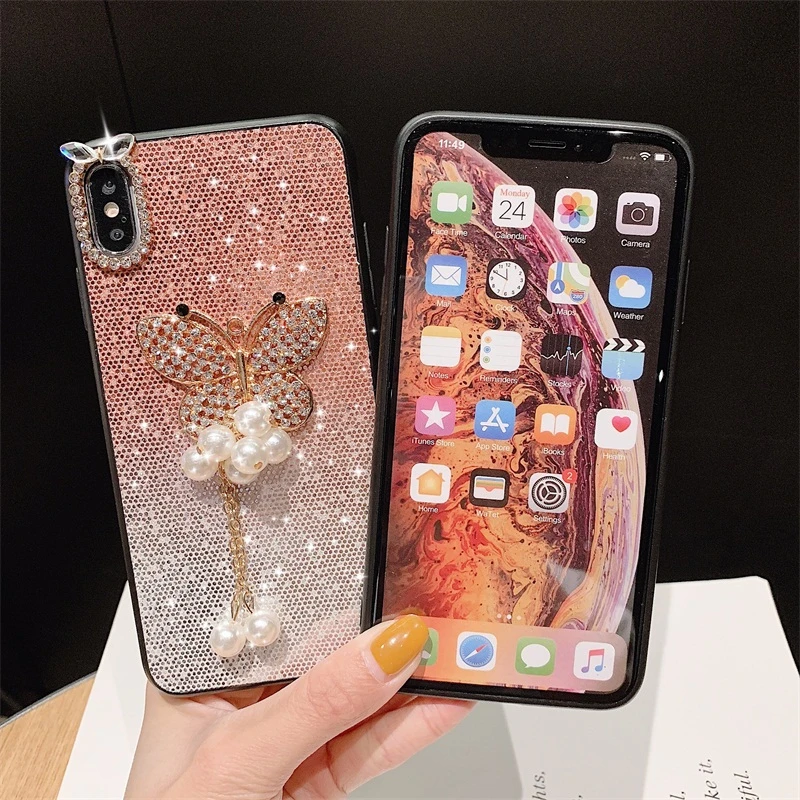 Роскошный блестящий чехол с жемчужной бабочкой для iPhone X, XR, XS, Max, 6, 6 S, 7, 8 Plus, 11 Pro, Max, чехол для телефона, для Galaxy S8, S9, S10, чехол