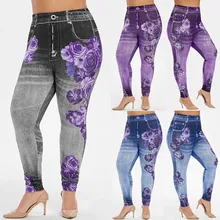 Женские леггинсы имитация джинсы цветочный принт эластичный пояс Карандаш Брюки Джеггинсы размера плюс леггинсы женские спортивные брюки