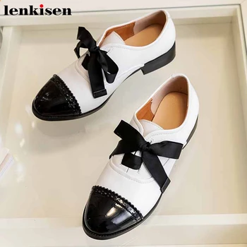

Lenkisen genuine leather mixed colors British school style round toe med heels women leisure cozy fashion lace up pumps L21