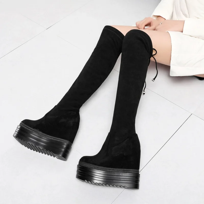 

14 Cm Super High-heel Over-the-knee Boots High Tube Boots Model Show Sexy Elastic Women's Boots Wedge Increase Within Long Boots