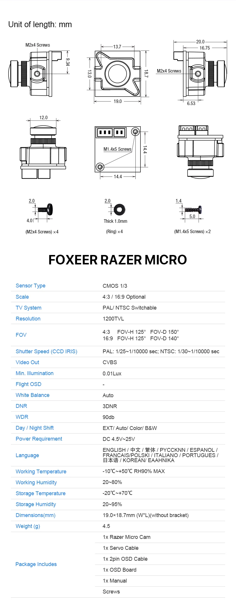 Foxeer razer Micro 1,8 мм M8 1200TVL PAL/NTSC 4'3 16'9 FPV камера с OSD 4,5-25 V CMOS для RC FPV гоночных моделей дронов