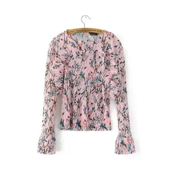 

2019 spring women's round neck pink ruffled pleated long-sleeved shirt blouse