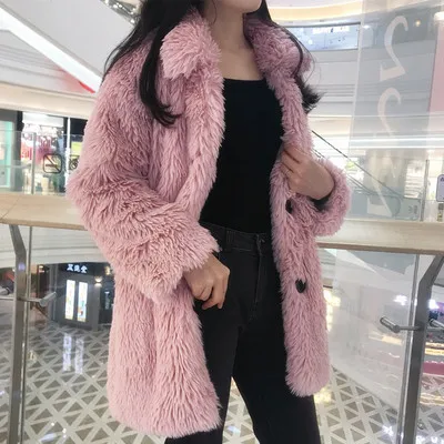 Pink Пальто из искусственного меха ягненка, женское, средней длины, длинное, из овечьей шерсти, свободное, зима, новая мода, дикие цвета, Wfanm, основной пуш-ап - Цвет: Pink