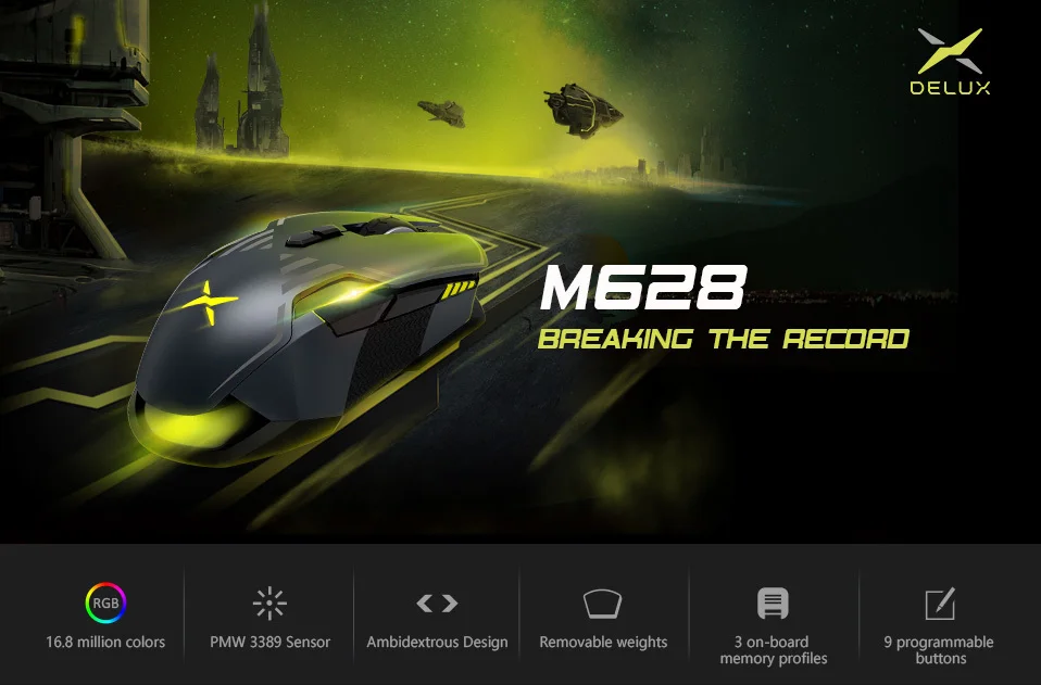 Delux M628 PMW3389 сенсор 16000 dpi игровая мышь 9 Кнопок 50 г ACC RGB Проводная оптическая обе руки мыши с весом набор для геймера