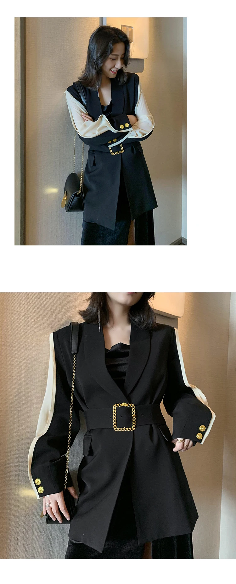 Sleeve Patchwork OL Blazer With Belt Single Button Professional Women Blazers and Jackets Temperament Warm Jackets for Women