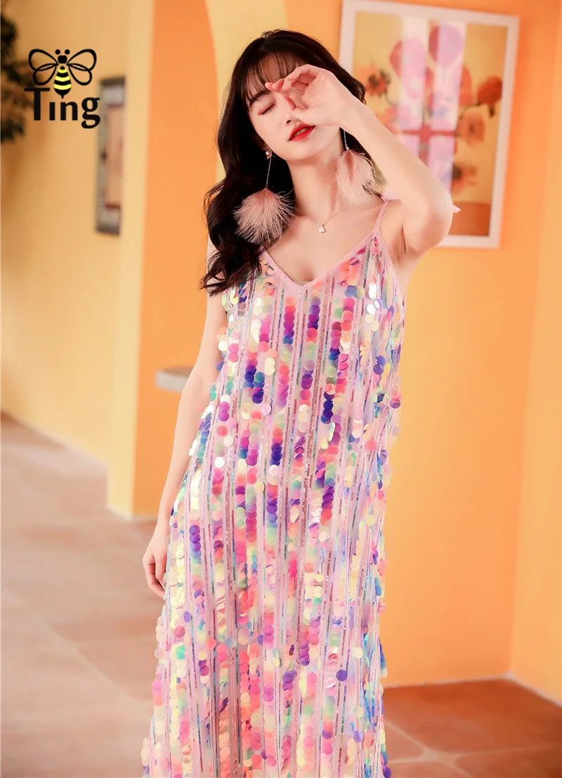 Tingfly New Arrivals Summer BlingBling Shiny Sequined Party Dresses Sexy Strap Glitter Club Dress Boho Fashion Casual Vestidos