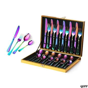 

24 PCS Rainbow Colorful Gold-Plated Stainless Steel Cutlery Spoon Four-Piece Set For Hotel Tableware Gift Party Supplies