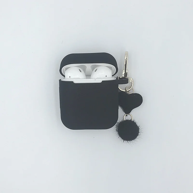 Прекрасный брелок для ключей с меховым шариком чехол для Airpods Bluetooth беспроводной защитный чехол для AirPods чехол зарядная коробка брелок для ключей с меховым шариком - Цвет: Черный