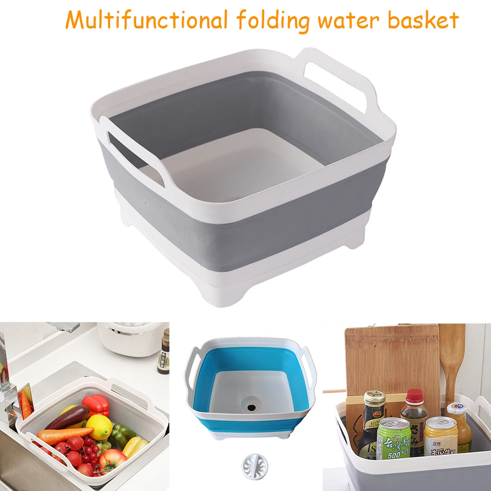 

HOT Silicone Vegetable Basket Foldable Fruit Storage Basket Kitchen Drain Basket Sink Dish Tub With Draining Plug Food Strainers