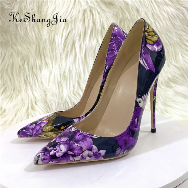 

Ke Shang Jia Purple Floral Print Women Patent Pointed Toe Stiletto Pumps Fashion Designer Slip On High Heel Shoes 8 10 12 CM