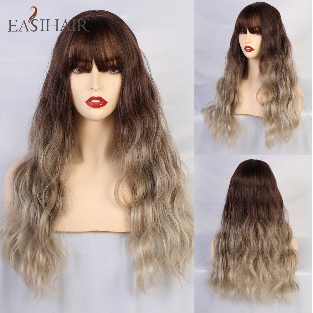 EASIHAIR Длинные темно-коричневые до бежевые Ombre синтетические волны парики для