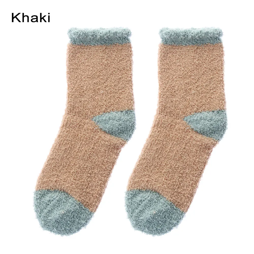 khaki Зимние эластичные домашние бархатные носки кораллового цвета для женщин и девочек мягкие носки-тапочки для сна пушистые теплые дышащие яркие цвета Рождественский подарок - Цвет: khaki