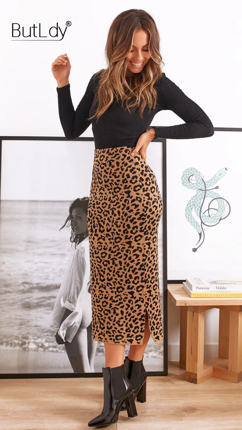 С леопардовым принтом длинная юбка Женская высокая талия Bodycon Карандаш сексуальные женские юбки мода осень зима юбка низ