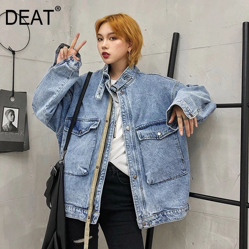 

[DEAT] Loose Fit Split Joint Oversize Denim Jacket New Lapel Long Sleeve Women Coat Fashion Tide Autumn Winter 2019 13D893