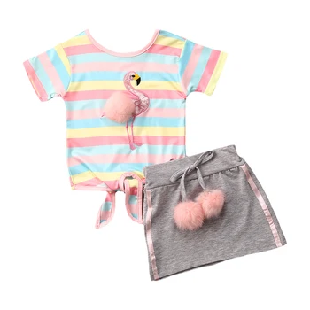 

2020 Sweet Baby Girl Rainbow Striped Clothes Sets Toddler Kids Princess Summer Tops T-shirt Mini Hairball Skirt Lovely Outfits