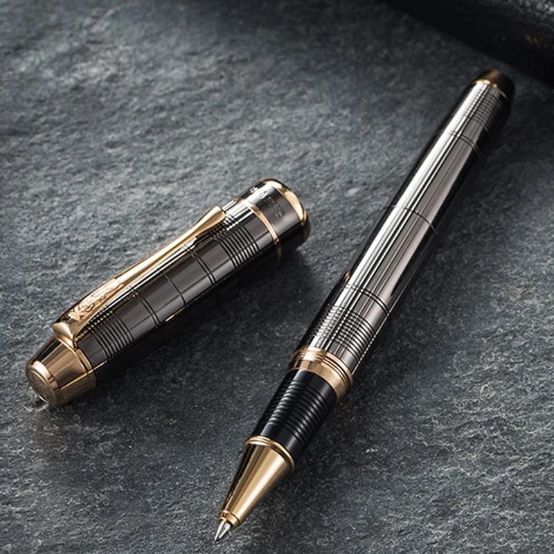 

Hero 953 Metal Gray Tiny Squares Checked Barrel Refillable Roller Ball Pen Gold Trim Professional Office Stationery Writing