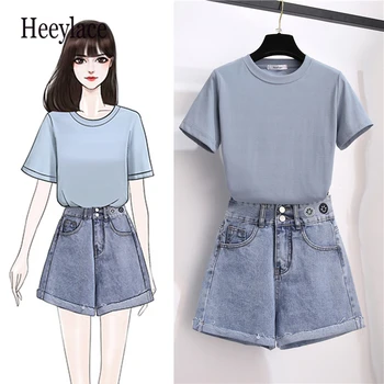 

Summer women two piece set korean solid short sleeve t-shirt and slim high waist denim biker shorts set for women ensemble set