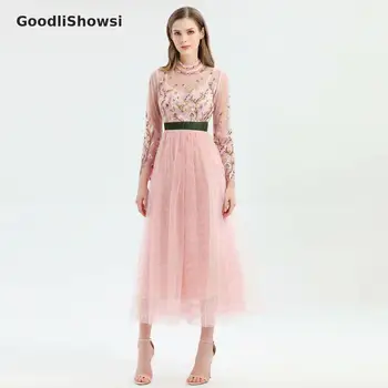 

Goodlishowsi New Fashion Women Long Sleeve Mesh Embroidery Pink Dress