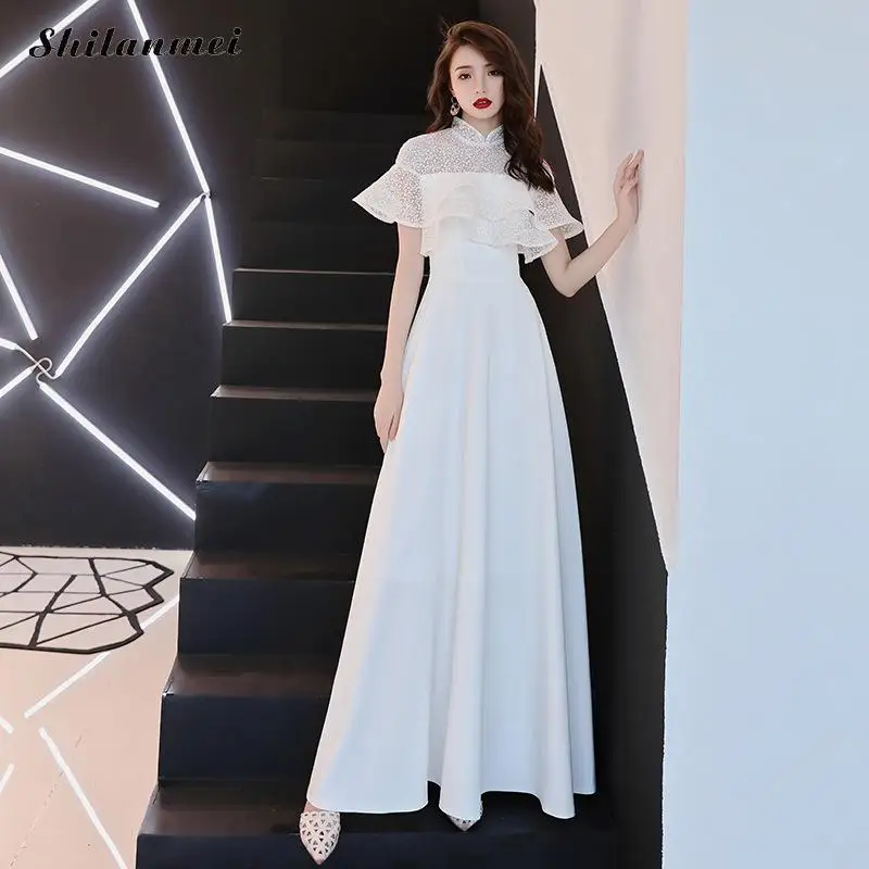 Scallop Evening Party Dress Women Ruffles Sleeve High Waist Dress Mandarin Collar Vintage Maxi Dresses Elegant White Ball Gowns
