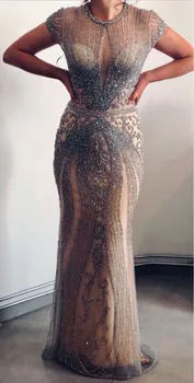 

Luxury Beads Formal Evening Dress Cap Sleeve Floor Length Prom Gown Custom Made