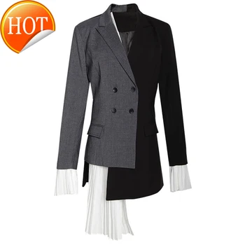 

Long Blazer Jacket Colorblock Spring Women Autumn Double Breasted Asymmetric High Street Blazer Coat