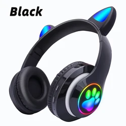 Charming Pink Cat Ear Wireless Headphones with Microphone - Foldable Stereo Earphones (Black B39C)