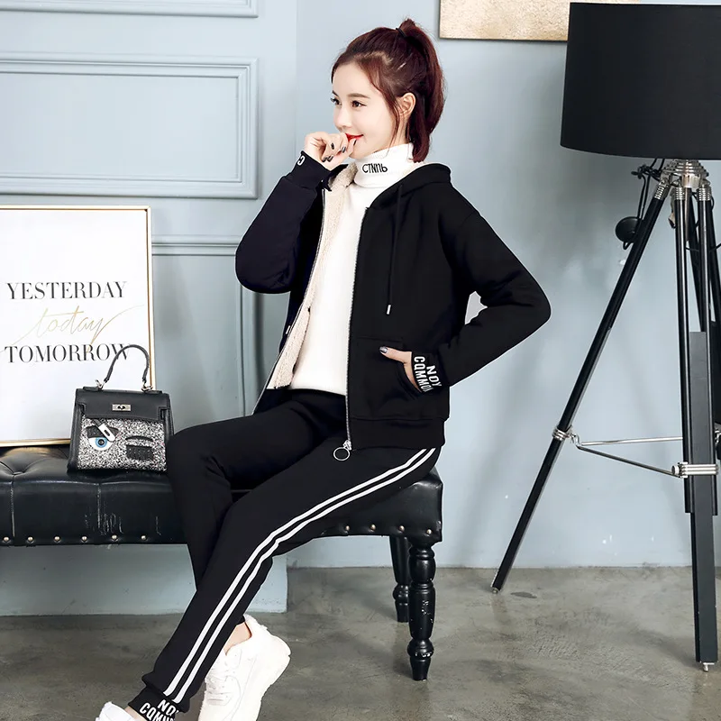 Women Sportswear Tracksuit Winter Thick Fleece warm Hoodie Jacket+pant Running Jogging Fitness Casual Workout Set Sport Suit