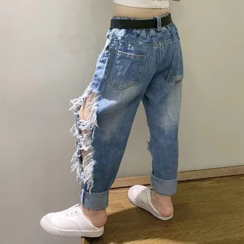 

DFXD Children Boys Girls Broken Jeans Pants New Fashion Summer Denim Ripped Long Trousers Big Hole Jeans For 2-7T Kids Clothes