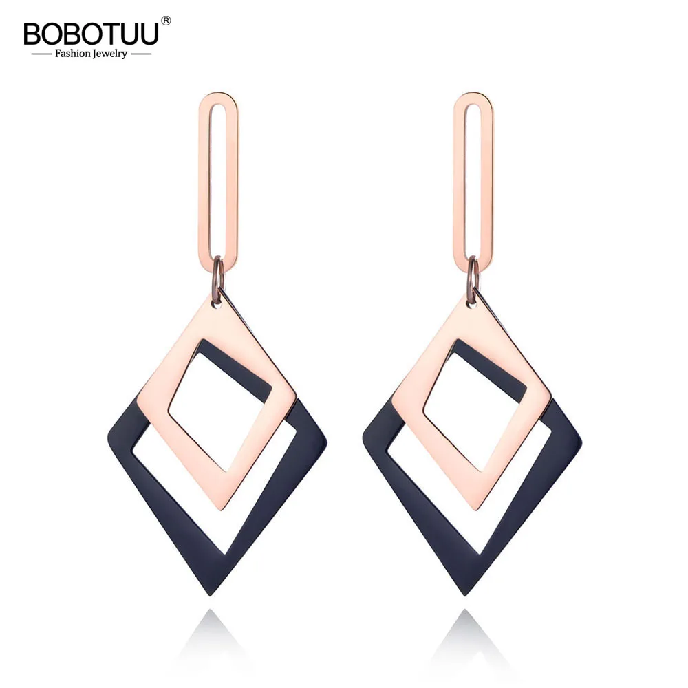 BOBOTUU New Double Layer Stainless Steel Geometry Earrings For Women Black/Rose Gold OL Style Ear Jewelry Wedding Gift BE19062 | Украшения