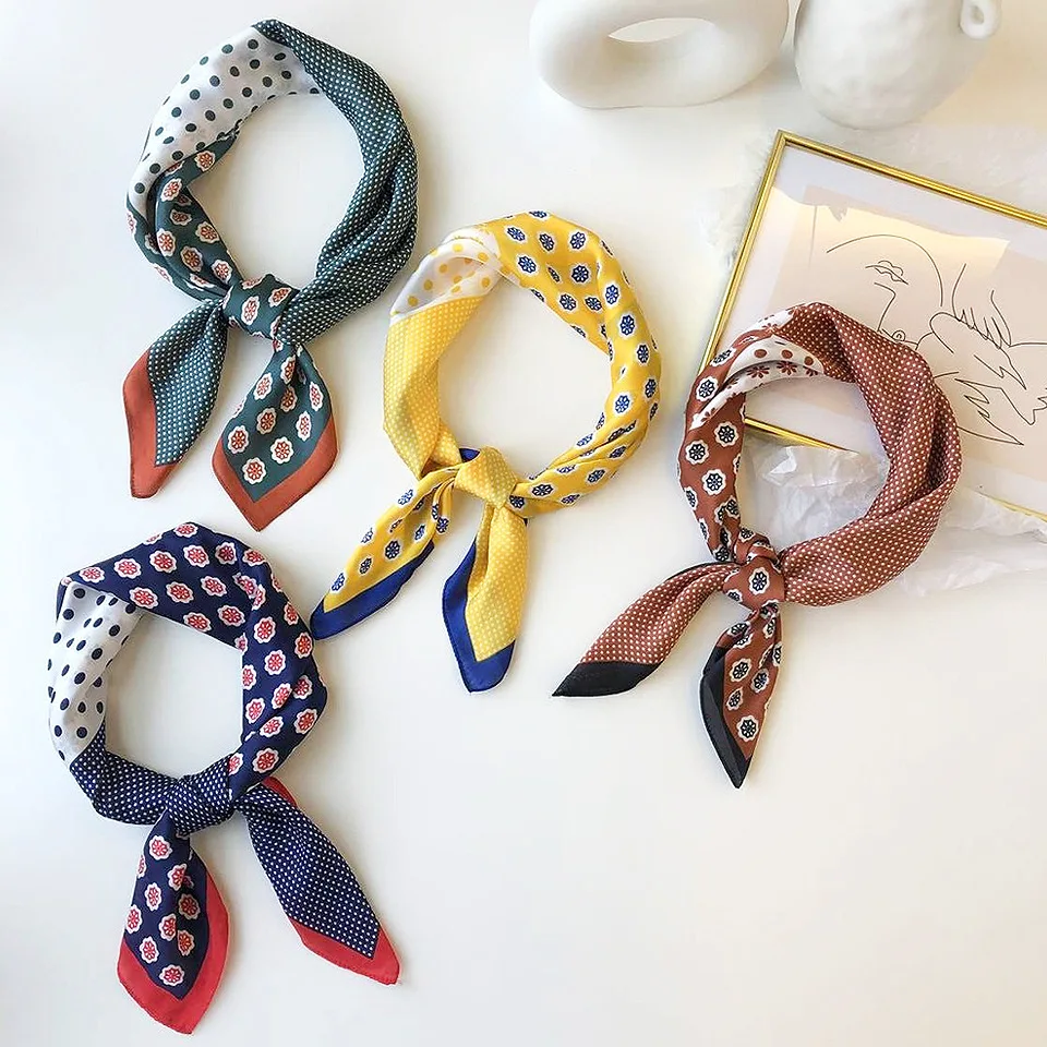 

Spring New dots with foulard printing 70CM square silk feel scarf for women chic fashionable kerchief ladies shawls