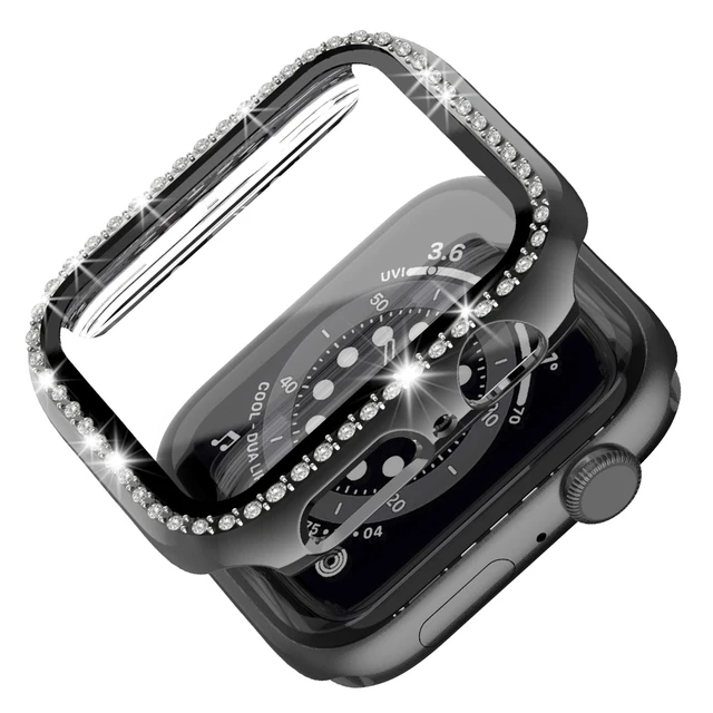Case+Glass for Apple Watch 45mm 41mm 44mm 40mm 42mm 38mm, Full Cover Bling Crystal Rhinestone Protective Bumper for iWatch7 6 5 Black