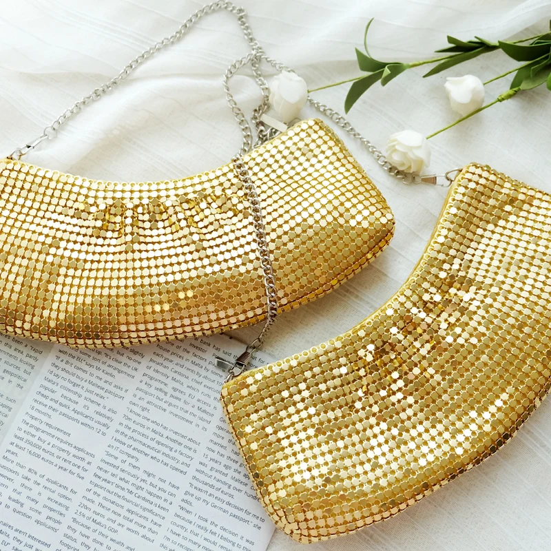 

High Quality Occidental Style Shoulder Bag Clutch Golden Retro Temperament Vintage Metal Portable Diagonal Package Evening Bag